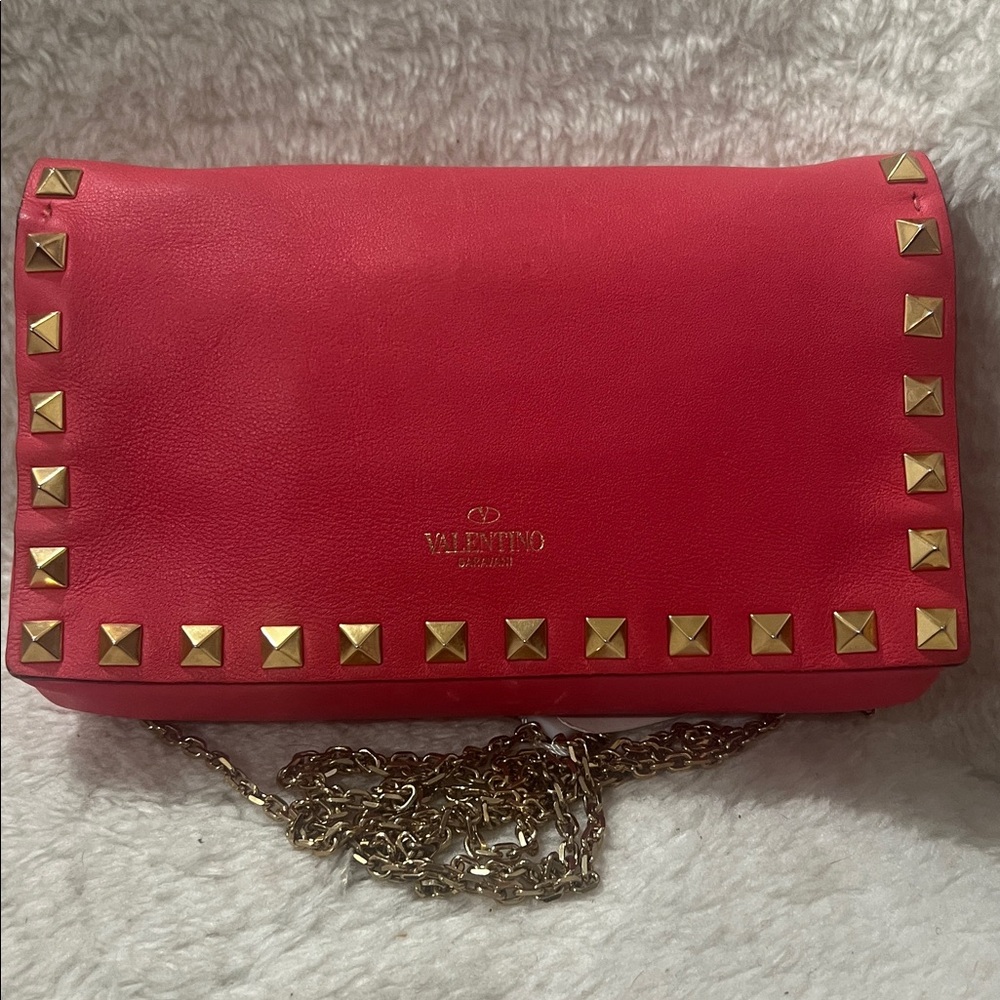 Valentino Garavani Pink Leather Rockstud Crossbody with Gold Chain Mini Bag